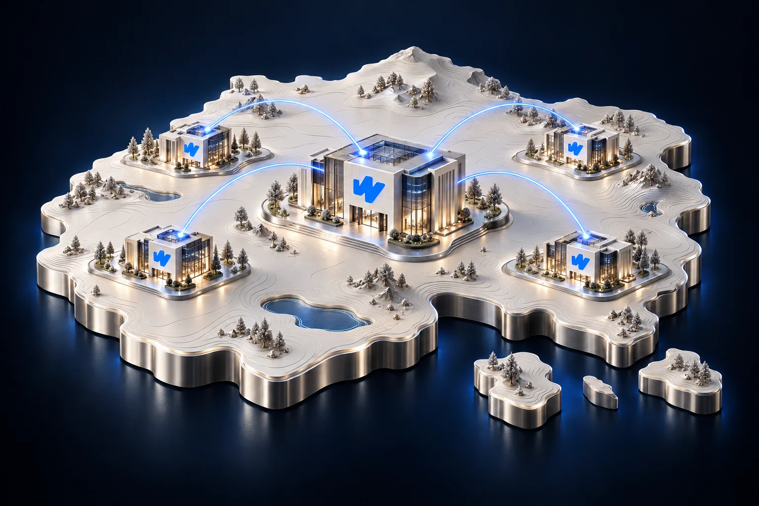 Concept illustration of a flagship WARPOINT park connected to local franchise parks across an imagined territory.