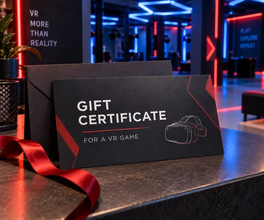 A gift certificate for a VR game on the arena reception counter