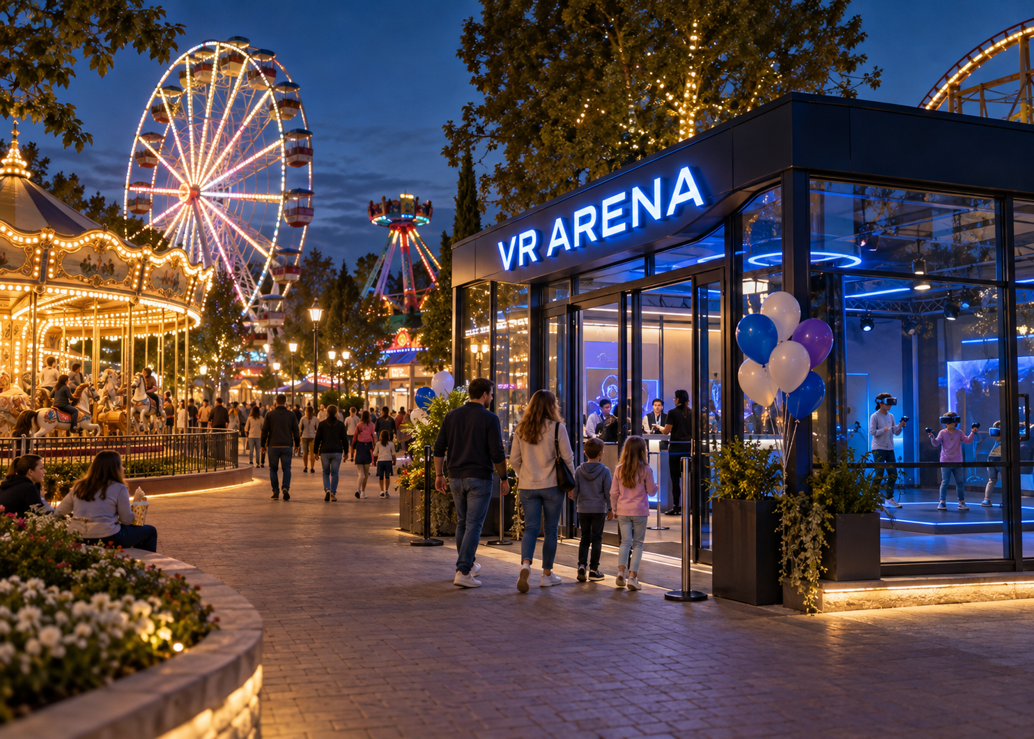 An amusement park with rides